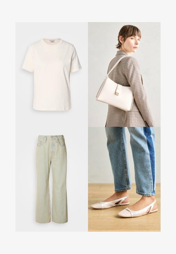 T-shirt in cotone color crema con maniche corte, collo a giro e discreto dettaglio del logo in rilievo sul davanti. Tessuto liscio, vestibilità comoda.; Jeans blu chiaro a gamba larga realizzati in denim, con vita alta, cinque tasche e un leggero sbiadimento con accenti di cucitura a contrasto.; Ballerine slingback rosa pallido con punta affusolata, realizzate in un materiale simile alla pelle liscio. Presentano dettagli a taglio sui lati e un tacco piatto.; Borsa a mano in pelle bianca con un design strutturato, presente di un clasp magnetico e una tracolla, esposta su uno sfondo neutro.; Orecchini a cerchio in argento con una finitura liscia e lucida. Forma rotonda e chiusura a scatto sicura. Design leggero adatto per l'uso quotidiano.