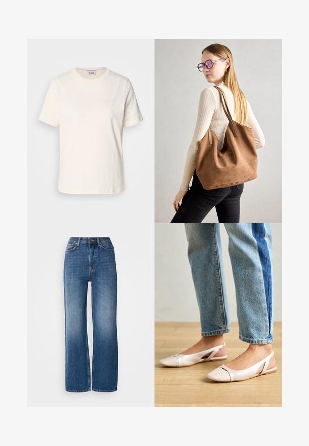 T-shirt de algodão de cor creme com mangas curtas, gola redonda e detalhe sutil em relevo no logo na parte da frente. Textura suave, ajuste descontraído.; Jeans de ganga azul de cintura alta e pernas largas com um efeito de lavagem em gradiente, costuras cobre, fecho frontal com botão e cinco bolsos.; Sapatilhas slingback de cor rosa pálido com bico fino, feitas de um material semelhante a couro liso. Apresentam detalhes recortados nas laterais e um salto plano.; Bolsa tote em camurça castanha com textura suave, grande abertura e alças longas. Apresenta um design simples com costuras visíveis e sem acessórios.