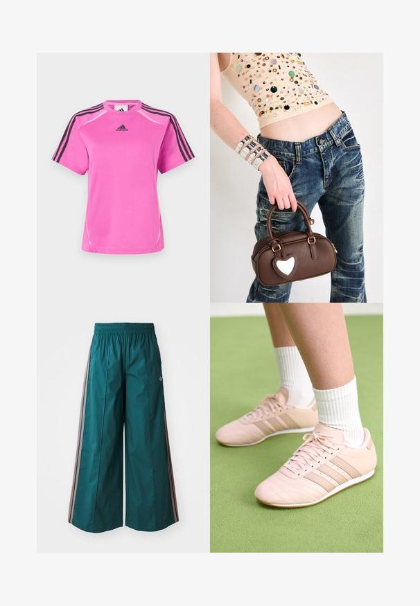 Erkkroos roosa Adidas sportpusa mustade kolme triibuga detailidega varrukatel ja must Adidas logo rinnal.; Sinine laiad pükse elastse vöökoha ja roosa-valgete triipudega külgedel, valmistatud kergest kangast.; Heled roosa sportjalatsid diagonaalse õmblusega, valged tallad ja kolm külgtriipu. Kandmiseks ribadega valgete sokkidega rohelisel pinnal.; Pruunist nahast käekott südamekujulise aktsentiga, ümmargune disain, kuldne riistvara, hoitud käes; sobitatud kulunud denimi ja pärlitest topiga.