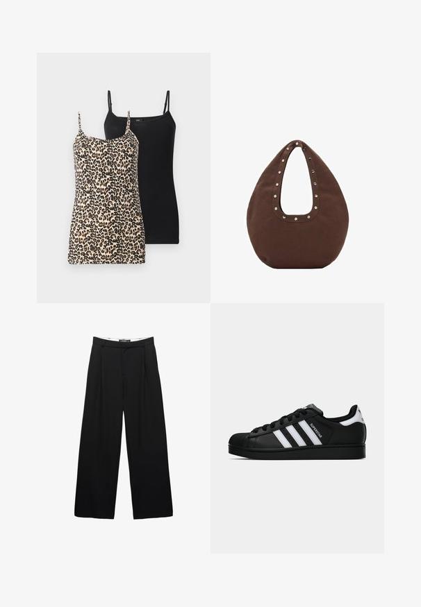 Dve majice brez rokavov: ena z leopardjim vzorcem v bež in črni barvi, druga pa enobarvna črna. Obe imata tanke nastavljive naramnice in prilegajoč dizajn.; Svetlo modra in bela vertikalno črtasta dolga srajca z gumbi, ovratnikom in žepom na prsih.; Široke črne hlače iz gladkega blaga. Značilne so sprednje gube, pas z zankami za pas in kroj, ki poudari postavo.; Črne superge Adidas Superstar z belimi črtami, zaščitnim pokrovom na prstih in napisom "Superstar" na strani, prikazane v bočnem profilu na beli podlagi.; Rjava torba z ukrivljeno obliko, opremljena z velikim izrezanim ročajem, okrašenim s srebrnimi zakovkami ob robu. Narejena iz mehkega blaga.