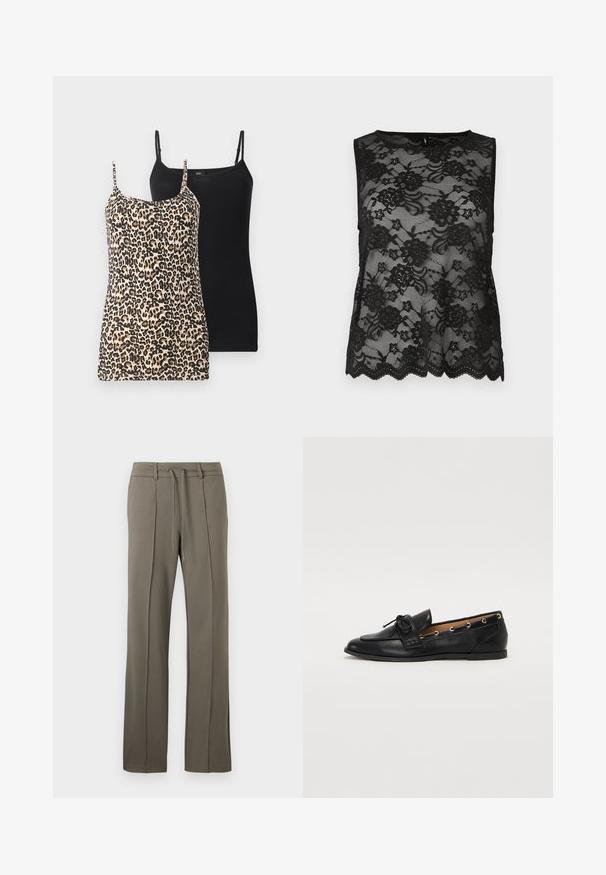 Két ujjatlan felső: az egyik bézs és fekete leopárdmintás, a másik sima fekete. Mindkettő vékony, állítható pántokkal és szűkített fazonnal rendelkezik.; Fekete, ujjatlan csúcs, csipkéből készült, virágmintákkal, fodros szegéllyel és áttetsző textúrával. Egyszerű, kerek nyakkivágás.; Khaki nadrág egyenes lábszárral, húzózsinórral ellátott derékkal és két elülső pliszével. Puha, texturált anyagból készült.; Fekete bőr lófarok cipők, megkötött masnival, arany szemcsés díszítéssel az oldalán és lapos gumitalppal. Simaság, klasszikus dizájn.