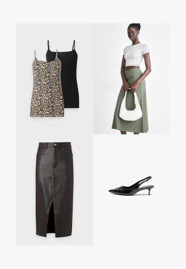 Due top: uno con stampa leopardata in beige e nero, l'altro nero uni. Entrambi presentano spalline sottili e regolabili e un design aderente.; Gonna midi in pelle marrone con spacco frontale, design a cinque tasche e chiusura con bottone metallico. Texture liscia e vestibilità su misura.; Tacchi slingback in pelle nera con punta affusolata, piccolo tacco kitten e un dettaglio a nodo decorativo sulla parte anteriore. Texture liscia su tutta la superficie.; Top crop a coste grigio e gonna a vita alta verde oliva. Il modello tiene una borsa a spalla bianca con dettagli intagliati. Design semplice, silhouette aderente.