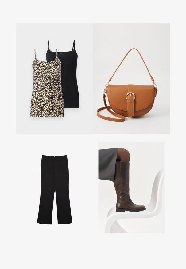 Dwie koszulki na ramiączkach: jedna w beżowo-czarny wzór w panterkę, druga jednolita czarna. Obie mają cienkie, regulowane ramiączka i dopasowany krój.; Czarne spodnie o prostym kroju, z przednimi kieszeniami i bocznymi rozcięciami na dole. Wykonane z miękkiego, gładkiego materiału. Odpowiednie na różne okazje.; Brązowe skórzane wysokie buty do kolan z okrągłym noskiem, gładką fakturą i minimalnymi detalami przeszycia, ustawione na jasnym tle na białym krześle.; Brązowa skórzana torba na ramię o zaokrąglonym kształcie, ze złotymi akcentami i zapięciem w formie klamry. Posiada odpinany pasek na ramię.