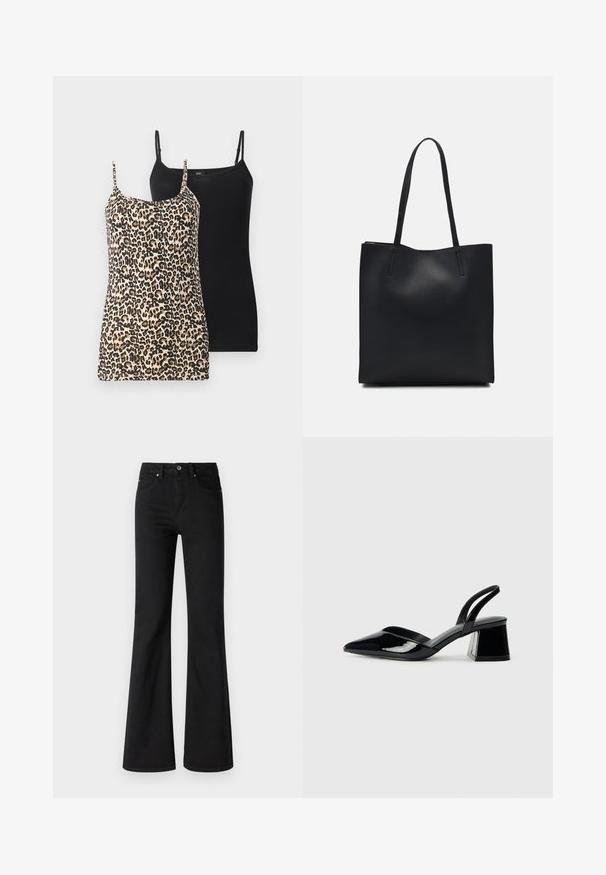 Dva tielka: jedno s leopardím potlačou v béžovej a čiernej farbe, druhé jednofarebné čierne. Obe majú tenké nastaviteľné ramienka a sú strihané na telo.; Čierne rozšírené džínsy z denimu s vysokým pásom, obsahujúce päť vreciek, predný gombík a zips, hladká textura.; Čierne lakované kožené sandálové podpätky s špicatou špičkou a geometrickým blokovým podpätkom. Disponujú elegantným, minimalistickým dizajnom a hladkým povrchom.; Čierna kožená taška na rameno s hladkým povrchom, obdĺžnikovým tvarom a dvoma dlhými uchami. Bez viditeľného kovania alebo ozdôb.