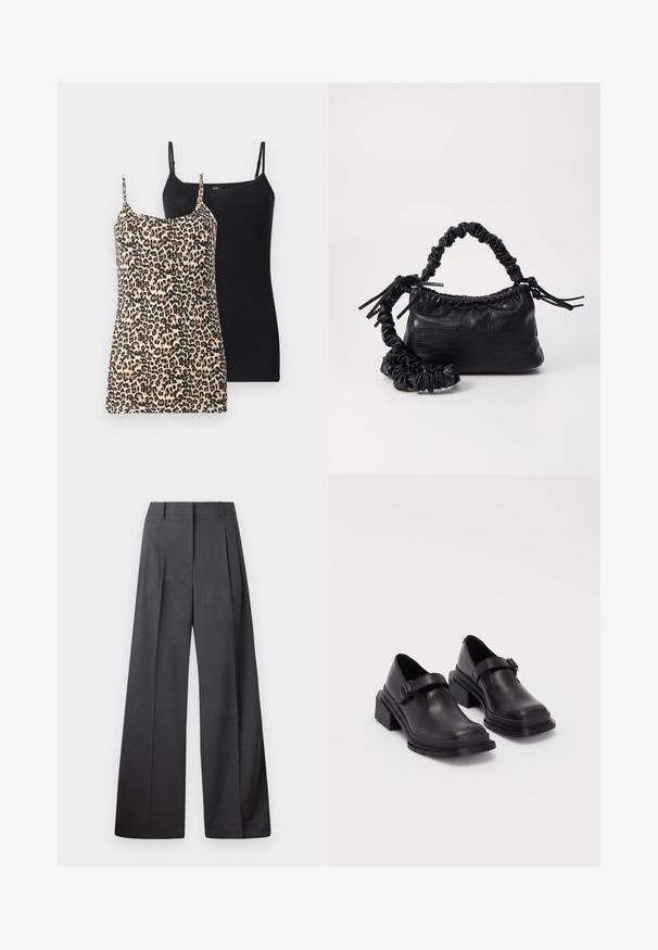 To tanktopper: en med leopardprint i beige og sort, den anden helt sort. Begge har tynde justerbare stropper og en tætsiddende pasform.; Bredde benbukser i mørkegrå stof, med høj talje, enkelte læg og en glat tekstur med en ren finish ved kanten.; Sorte lædersko med rund tå, flad sål og en rem med spænde detaljer. Chunky blokhæl for øget stabilitet.; Sort kunstlæder håndtaske med krokodilteksur, indsnøret top og en sammenkrøben rem. Ser blød og kompakt ud i designet.