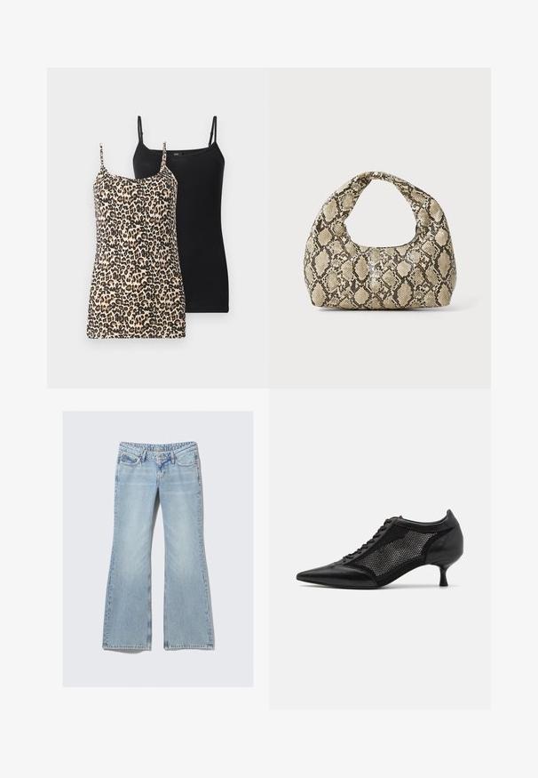 Kaksi hihaton toppia: toinen on leopardikuosisia vaaleanbeigeissä ja mustissa sävyissä, toinen on täysin musta. Molemmissa on ohuet säädettävät olkaimet ja vartalonmyötäinen muotoilu.; Weekday NOVA - Slim fit -farkut - lip blue; Mustat kärjetossut, joissa on verkkopaneeli, matala korko ja nauhanytkytys edessä. Valmistettu nahka- ja verkkokombinaatiosta.; Käärmeennahkakuosiset käsilaukku, jossa on kaareva kahva. Tehty teksturoiduista beigeistä ja ruskeista materiaaleista, joissa on erottuva timanttikuvio.