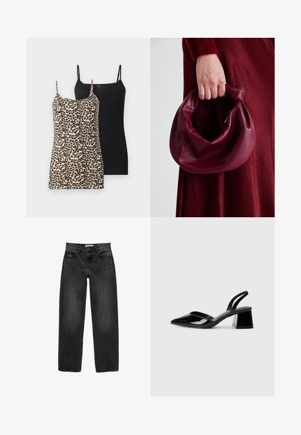 Dva majice bez rukava: jedna s leopard uzorkom u bež i crnoj boji, a druga potpuno crna. Obe imaju tanke podešavajuće trakice i oblikovani kroj.; Crne traperice od denima s opuštenim krojem, ravnim nogavicama, dizajnom s pet džepova i blago izblijedjelom teksturom. Zaključavanje na dugme i patentni zatvarač sprijeda.; Crne lakirane kožne sandale s otvorenom petom i špicastim vrhom, s geometrijskom blok petom. Imaju elegantan, minimalistički dizajn i glatku teksturu.; Bordo kožni ruksač s mekim, naboranim dizajnom i zaobljenim oblikom. Ručka je sigurno pričvršćena, pokazujući glatku teksturu.