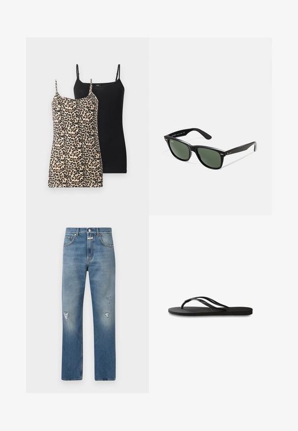 To tanktopper: en med leopardprint i beige og sort, den anden helt sort. Begge har tynde justerbare stropper og en tætsiddende pasform.; Lysblå denimjeans med en løs pasform, der har slidte lapper og lynlås. Klassisk fem-lomme design og lige ben.; Sorte flip-flop med en tekstureret gummisål, to slanke stropper og et subtilt, præget logodetalje på stroppen.; Sorte plastiksolkaber med grønne linser, firkantede stel, sølvaccent på brynene og teksturerede templede arme. Angivet mærke på den indre arm.; Sort læderhåndtaske med lange håndtag, rektangulær form, glat tekstur og skrå sider, der har et minimalistisk design uden synligt hardware.