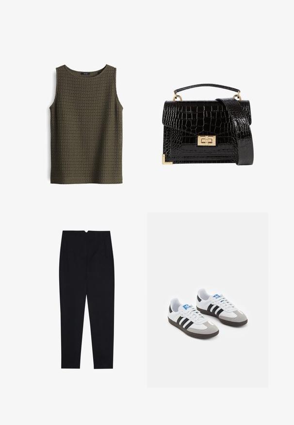 Ärmelloses olivgrünes Oberteil aus strukturiertem Strickstoff mit einem offenen Gewebe-Muster. Besitzt einen runden Ausschnitt und einen geraden Saum.; Schwarze Hosen aus einem strukturierten Stoff, mit flachem Bund, seitlichen Taschen und einem geraden Bein mit mittelhohem Bund.; Sportschuhe mit einem Obermaterial aus weißem Leder, grauer Wildleder-Zehenkappe und drei schwarzen Streifen. Sie verfügen über ein blaues Logo auf der Zunge und eine strukturierte Gummisohle.; Schwarz lackierte Handtasche mit Krokodilstruktur, goldfarbenen Hardware, einem oberen Griff und einem abnehmbaren Schulterriemen. Rechteckige Form mit Klappenverschluss.