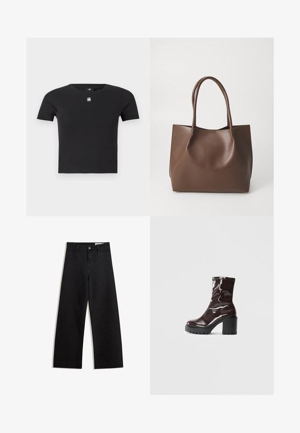 Črna bombažna majica s kratkimi rokavi, ima okroglo ovratnico in majhen bel logotip na prsih. Gladka struktura.; Črne široke denim hlače z visokim pasom, ki imajo sprednje in zadnje žepe, šivane šive ter gumbasto zapiranje. Gladka tekstura.; Sijajan škrlatank z bleščečim videzom, z masivnim črnim peto, ki se ponaša z gladko teksturo in preprostim dizajnom. Brez vidnih zapenjal ali vzorcev.; Rjava usnjena torba z dvema dolgima ročajema, strukturirane oblike, gladke teksture in minimalisticnega dizajna. Ni vidne strojne opreme ali dodatkov.