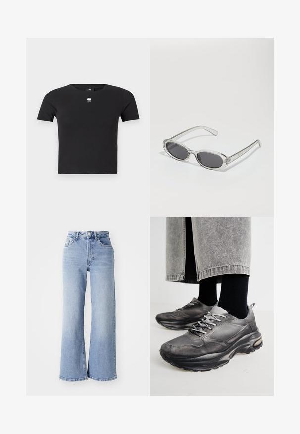 T-shirt de algodão preto com design de mangas curtas, apresenta um decote redondo e um pequeno logotipo branco no peito. Textura suave.; Jeans de cintura alta, de perna larga, em azul claro, com bolsos frontais e traseiros, fecho de botão e desbotamento subtil nas coxas e nas bainhas.; Sapatilhas atléticas pretas e cinzentas apresentam um upper em malha, solas espessas e atacadores. Têm um bico arredondado e detalhes de amortecimento visíveis.; Óculos de sol com formato oval, armação de plástico transparente, lentes cinza-escuro e hastes finas transparentes com detalhes do logótipo e um design minimalista.