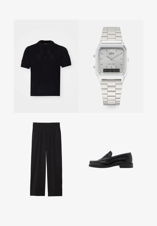 Musta lyhythihainen polo-paita, jossa on teksturoitu kuosi, kolmen napin nappihaalari ja klassinen kaulus. Valmistettu kevyestä kankaasta.; Mustat väljät housut, joissa on laskostettu etuosa, sivutaskut ja sileä kankaan rakenne. Suunniteltu rentoa istuvuutta varten.; Musta nahkayksilöinen loafersi, jossa on sileä pinta, ommellut yksityiskohdat varpaisiin ja matala kanta mukavuutta ja tyyliä varten.; Hopeakotoinen Casio kvartsikello, jossa on suorakaiteen muotoinen kellotaulu, analoogiset ja digitaaliset näytöt, ruostumattomasta teräksestä valmistettu ranneke sekä vedenkestävyysominaisuudet.