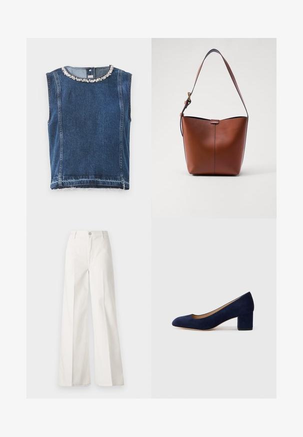 Tamsiai mėlyna džinsinė liemenė be rankovių, papuošta karoliukais apykaklėje ir su aplamdytu kraštu. Audinys turi tekstūrinį paviršių, kuris stiprina patvarumą.; Balti platūs baltos spalvos keliai, pagaminti iš medvilnės su lygiu paviršiumi. Yra priekinis mygtukas, užtrauktukas ir keturi kišenės.; Tamsiai mėlynos zomšos bateliai su smailiu nykščiu ir vidutinio aukščio blokiniu kulnu. Lygi tekstūra su subtiliu blizgesiu ir mažas įpjovimas priekyje.; Ruda odinė petinė rankinė su kreivam formu, lygia tekstūra ir viena plona juosta. Yra švelni siūlė ir mažas logotipo elementas.