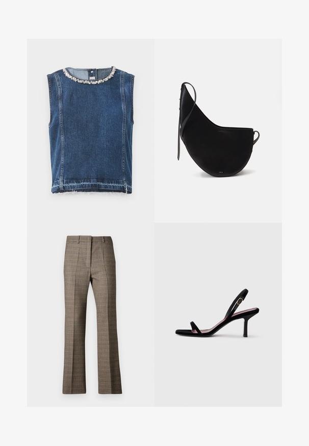 Sötétkék farmer ujjatlan felső, gyöngyös nyakkivágással és rojtos szegéllyel. Az anyag textúrázott felülete a tartósságot hangsúlyozza.; Barna kockás nadrág egyenes szabással, texturált anyaggal, és a mintázatban lágy bézs és sötétebb barna árnyalatokkal.; Fekete velúr női magassarkú szandál slim pántokkal és arany csattal, fehér háttér előtt, oldalnézetben.; Fekete bőrtáska, ívelt holdformával, vékony pánttal és diszkrét arany logóval az elején. Simára kidolgozott felület minimális fémalkatrészekkel.