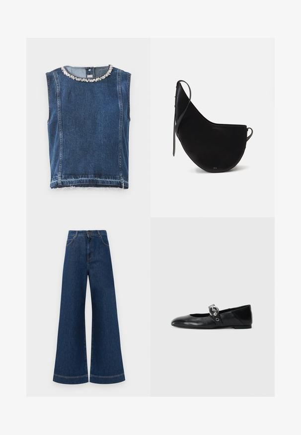 Top de denim sem mangas em azul escuro, com decote adornado com contas e bainha desfiada. O tecido tem um acabamento texturizado, reforçando a durabilidade.; Jeans azul de perna larga com cintura alta, apresentando um fecho de botão, passantes para cinto e detalhes de costura discretos ao longo dos bolsos e das bainhas.; Sapatilhas de balé pretas em couro com bico pontiagudo, apresentando uma correia com uma fivela metálica circular e sola plana.; Mala de mão em couro preto com uma forma de lua curva, apresentando uma alça fina e uma discreta marcação dourada na frente. Textura suave com hardware mínimo.