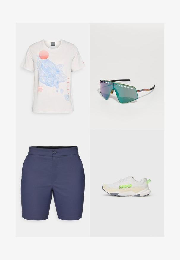 Camiseta de algodão branca com designs de linhas de contorno azuis e um gráfico de sol vermelho, com detalhes em texto vermelho na frente. Mangas curtas, gola redonda.; Calças de náutica azul feitas de um tecido suave, com fecho por botão, passantes para cinto e um corte ajustado com uma bainha limpa.; Sapatilha atlética branca com um cabedal texturizado, logótipo "HOKA" verde e sola cinza. Apresenta um colarinho acolchoado e um design leve.; Os óculos de sol Oakley apresentam uma lente grande, espelhada verde com recortes na parte superior, um design angular elegante e uma armação metálica colorida com pontas pretas.