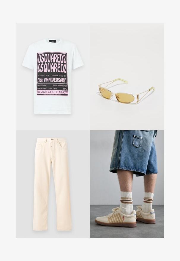 T-shirt en coton blanc avec un texte graphique noir et rose indiquant les détails de l'événement du 30ème anniversaire de DSQUARED2, manches courtes et col rond.; Jean en denim beige clair avec un design à jambe droite, cinq poches et une fermeture à bouton à l'avant. Couture visible le long des coutures.; Baskets rétro beiges avec une semelle en caoutchouc brun, ornées d'accents rayés et de logos brodés. Portées avec des chaussettes blanches, détails rayés bruns.; Lunettes de soleil teintées de jaune avec une monture dorée translucide, de forme rectangulaire fine et des branches angulaires avec des accents vert clair.