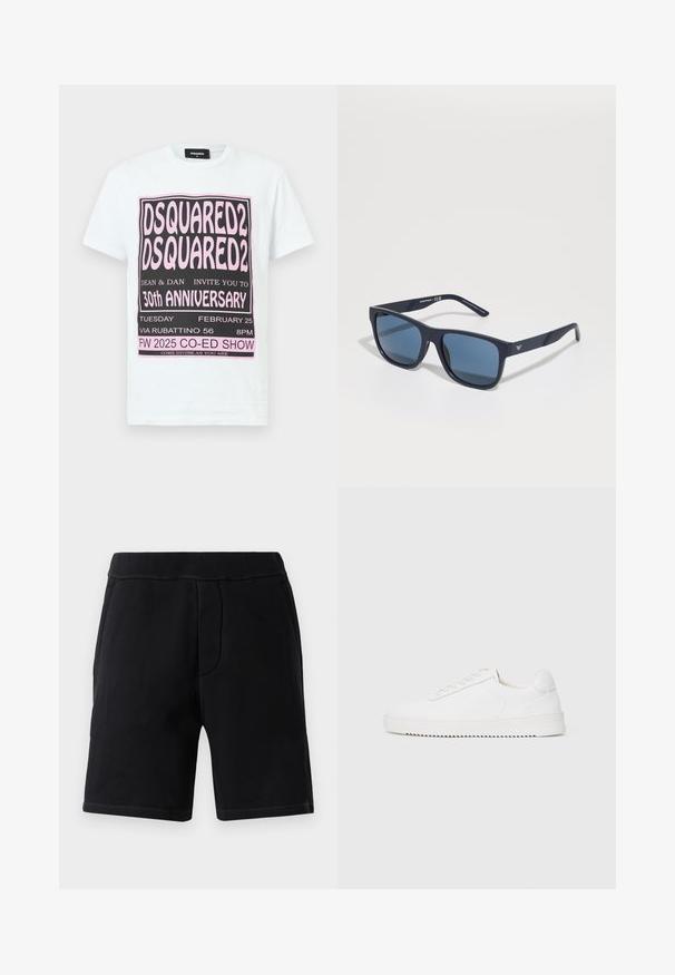 Weiße Baumwoll-T-Shirt mit schwarzem und pinkem Grafiktext für die Details der DSQUARED2 30. Jubiläumsfeier, kurze Ärmel und Rundhalsausschnitt.; Schwarze Sportshorts aus weichem Material; mit elastischem Bund, zwei Seitentaschen und kontrastierenden Nähten.; Weißer Sneaker mit einem Obermaterial aus glattem Leder, abgerundetem Zehenbereich, Schnürsenkeln, strukturierten seitlichen Akzenten und einer dicken Gummisohle. Minimalistisches Design.; Blaue rechteckige Sonnenbrille mit dunklen Gläsern, mattem navy-blauen Rahmen, Logodetail an den Bügeln, geraden Bügeln und einer soliden, glatten Textur.