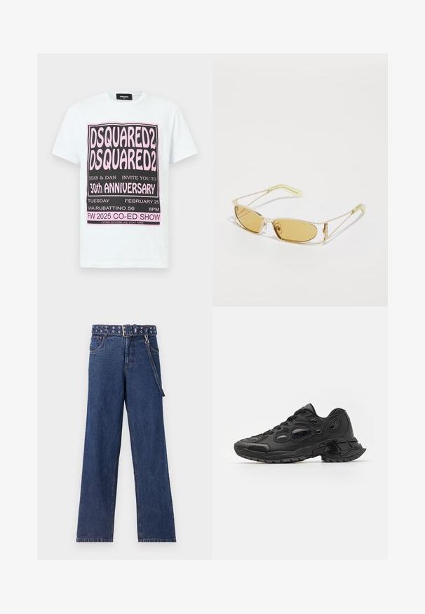 White cotton t-shirt featuring black and pink graphic text for DSQUARED2’s 30th Anniversary event details, short sleeves, and a crew neck.; Dark blue denim jeans with a straight-leg design, featuring a patterned belt with metal eyelets and a matching belt loop.; Black athletic shoes with textured synthetic upper, rounded toe, and distinctive oval cutouts. Features a rugged rubber sole for traction.; Yellow-tinted sunglasses with a translucent gold frame, slim rectangular shape, and angular arms with light green accents.