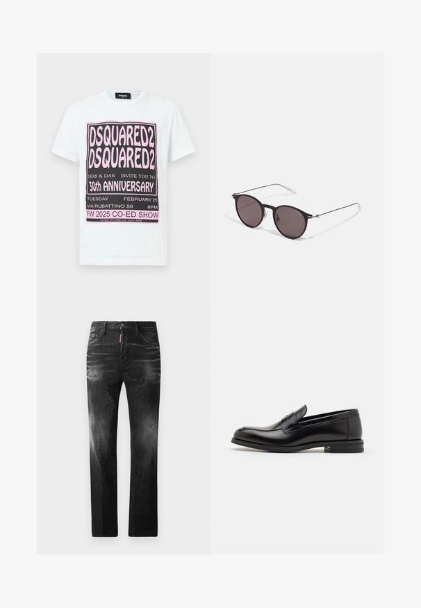 Tricou alb din bumbac, cu text grafic negru și roz pentru detaliile evenimentului de aniversare de 30 de ani DSQUARED2, mâneci scurte și guler rotund.; Jeans din denim negru cu o croială dreaptă. Au zone decolorate, ușoare uzuri, design clasic cu cinci buzunare și închidere cu buton.; Mocasini din piele neagră cu o textură netedă, vârf rotund și o curea decorativă peste partea superioară. Toc mic, design minimalist.; Ochelari de soare negri rotunzi cu lentile întunecate și brațe metalice subțiri. Include vârfuri transparente pentru brate și accente argintii la balama. Design minimalist.