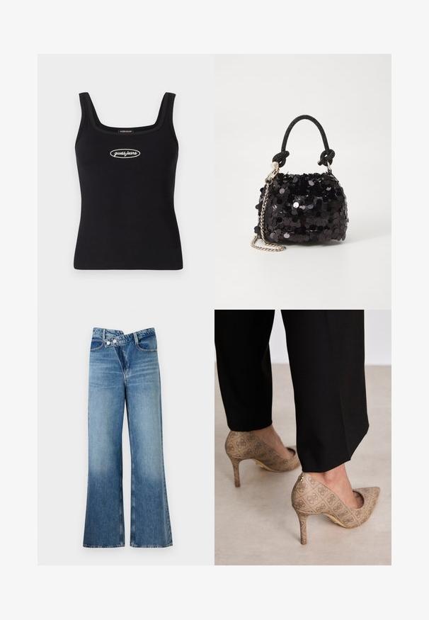 Black ribbed tank top with a square neckline and embroidered "guess jeans" logo in white. Slim fit and smooth texture.; Light blue denim flared jeans with a high waist, featuring two buttons and front pockets. Fabric has a faded texture with subtle variations.; Beige high-heeled shoes with a textured fabric featuring a repeating pattern. Pointed toe design with a back accent and gold heel detail.; Black sequin mini handbag with a knotted textured strap and silver chain. Rounded shape with gathered top and reflective detailing.