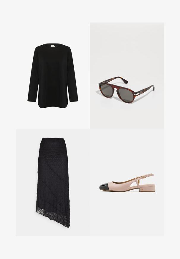 Juodas ilgomis rankovėmis viršus, pagamintas iš švelnios medžiagos, su apvaliu iškirpimu ir laisvu siluetu, su šoninėmis įpjovomis per apačią. Nėra matomų raštų.; ONLY ONLKIM LACE SKIRT - Maksi sijonas - black; Slingback bateliai su rožinės spalvos odiniu viršumi ir blizgiu juodu galvute. Užteks mažo blokinio kulno ir reguliuojamos kulkšnies dirželio.; Suknelės akys su pilkais objektyvais. Lygi plastiko rėmelis, apvalios formos, metaliniai akcentai ant šventyklų. Šviesos atspindinti paviršius.