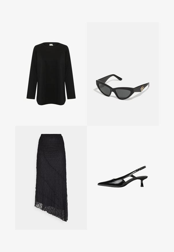 Black long-sleeve top made of soft fabric, featuring a round neckline and a relaxed fit with side splits at the hem. No visible patterns.; ONLY ONLKIM LACE SKIRT - Maxi skirt - black; Black patent leather slingback heels with a pointed toe, cut-out side design, and a small square heel. Smooth texture with minimal accents.; Cat-eye sunglasses with a matte black plastic frame, dark lenses, and a gold logo accent on the temple. Angular design and smooth texture.