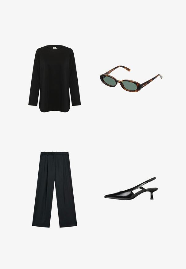 Černý dlouhý rukáv top vyrobený z měkké látky, s kulatým výstřihem a volným střihem se bočními rozparky na spodním lemu. Bez viditelných vzorů.; Černé široké kalhoty s plisovaným předním dílem, pasem s poutky na opasek a bočními kapsami. Vyrobené z hladkého materiálu s elegantním designem.; Černé lakované lodičky na podpatku se špičatou špičkou, výřezovým designem na boku a malým čtvercovým podpatkem. Hladká textura s minimálními akcenty.; Sluneční brýle ve hmotě želvoviny s oválnými obroučkami a zelenými čočkami. Mají tenké stranice s metalickým akcentem u závěsů.; Even&Odd Velká kabelka - black