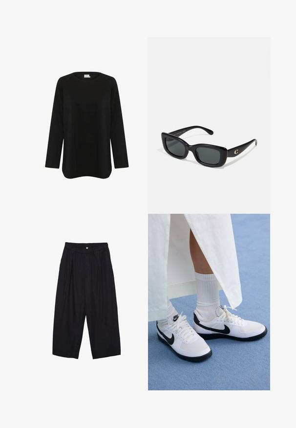 Musta pitkähihaisessa paidassa on pehmeä kangas, pyöreä kaulus ja rento leikkaus, jossa on sivuventtiilit helmasssa. Ei näkyviä kuvioita.; Musta polyesterinen culotte-housut, jossa on joustava vyötärö, kaksi etupleettiä ja löysä siluetti. Ei näkyviä kuvioita tai metallisia yksityiskohtia.; Valkoiset Nike-tossut mustilla yksityiskohdilla, joissa on sileä nahka-yläosa, valkoiset nauhat ja tukevat kumipohjat, yhdistettynä valkoisiin ribattuihin sukkiin.; Mustat suorakulmaiset aurinkolasit tummilla linsseillä, valmistettu sileästä muovista. Yhdessä sangan kohdalla on kultainen logotehoste.; Musta nahkastakki korkean kauluksen kanssa, vetoketjulliset taskut, ja musta tikattu käsilaukku, jossa on hopeanvärisiä yksityiskohtia, yhdistettynä pitkiin mustiin hameisiin.