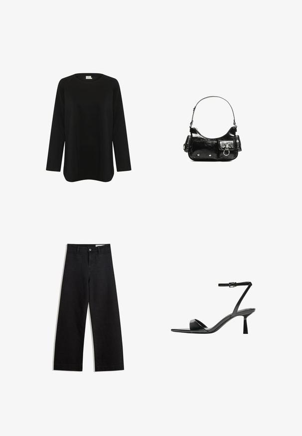 Zwarte lange mouw top van zachte stof, met een ronde halslijn en een losse pasvorm met zijsplitten aan de onderrand. Geen zichtbare patronen.; Zwarte denim broek met wijde pijpen en een hoge taille, voorzien van voor- en achterzakken, gestikte naden en een knoopsluiting. Gladde textuur.; Bershka Sandalen met hoge hak - black; Zwarte laarzen in lakleer met een gebogen vorm, één schouderband, voorvakken en accenten in zilverkleurig metaal.