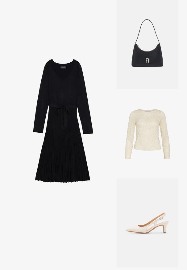 Krém színű csipke, hosszú ujjú blúz virágmintával, kerek nyakkivágással és enyhén megformált fazonnal. Puha tapintású, bonyolult részletekkel.; Fekete ruha hosszú ujjakkal, kerek kivágással és övvel ellátott derékkal. Bordázott textúrával és fodros, lebegő szoknyával rendelkezik.; Fehér slingback sarok, hegyes orral, sima felső anyaggal, alacsony blokk sarkával és oldalsó kivágott dizájnnal, állítható csatpánttal.; Fekete válltáska sima anyagból, ívelt formával, arany cipzárral és arany fóliázott logóval az elején.