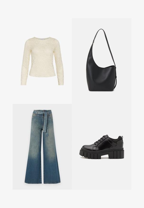 Lace long-sleeve top in cream, featuring a floral pattern, round neckline, and slightly fitted silhouette. Soft texture with intricate detailing.; Wide-leg denim trousers featuring a light to dark blue gradient, high waist, belt loops, and a matching fabric belt. Textured denim finish.; Black leather platform shoes with a chunky block heel, round toe, and traditional lace-up design. Features smooth texture and minimal detailing.; Black leather hobo bag with a smooth texture, curved shape, and single adjustable strap; features a wide opening at the top.