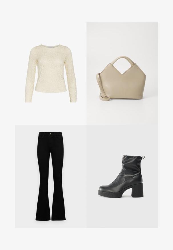Lace long-sleeve top in cream, featuring a floral pattern, round neckline, and slightly fitted silhouette. Soft texture with intricate detailing.; Black high-waist jeans with a button and zip closure, front pockets, and flared legs laid flat on a white background.; Black ankle boots made of smooth leather, featuring a side zipper, chunky textured heel, and rounded toe design.; Beige structured handbag with a V-shaped top, smooth leather material, short handles, and a long adjustable strap. Minimalist design.