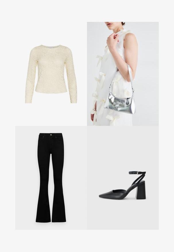 Krasas mežģīņu blūze ar garām piedurknēm, krēmkrāsā, ar ziedu rakstu, apaļu kakla izgriezumu un nedaudz pieguļošu siluetu. Mīksta tekstūra ar smalku apdari.; Melni augsta jostas šorti ar pogu un rāvējslēdzēju, priekšējām kabatām un izplestām kājām, nolikti uz balta fona.; Melna ādas augstpapēžu kurpe ar norakstīto purngala formu, potītes siksniņu un masīlu papēdi. Gluda tekstūra, elegants dizains un minimālisma estētika.; Sudraba metāla rokassoma ar struktūru formu, aprīkota ar augšējo rokturi un priekšpusē esošu loku. Gluda tekstūra, atstarojoša virsma.