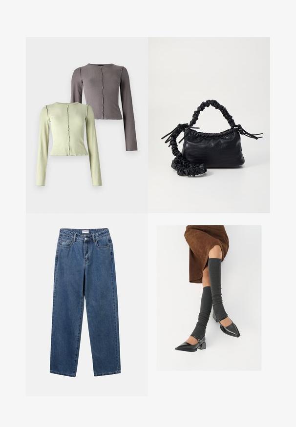 Conjunto de duas camisetas de manga longa, com padrão canelado, nas cores verde claro e cinza escuro. Cada uma possui um decote redondo e um detalhe sutil na barra em forma de onda.; Jeans de denim azul clássicos com um design de perna reta, cinco bolsos e fecho de botão. Apresenta um tratamento médio e uma textura resistente.; Sapatos pretos de pele lacada com biqueira pontuda, salto bloco e tiras no tornozelo, combinados com caneleiras cinzas em malha e uma saia de camurça castanha.; Bolsa de mão em couro sintético preto com textura de crocodilo, topo franzido e alça enrugada. Apresenta um design suave e compacto.