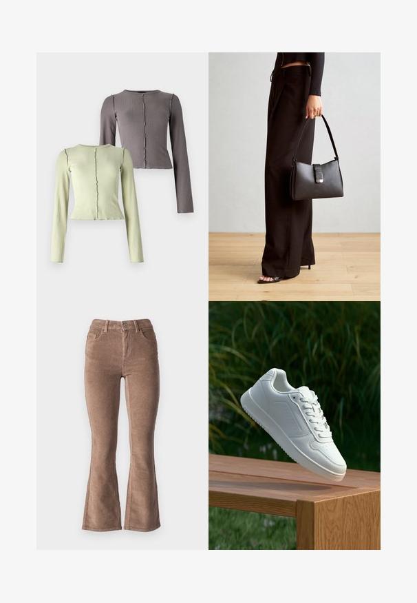 Kahe tükiga pikkade varrukatega ribatud tipud helesinises ja tumes hallis. Igal ühel on ümar kaelus ja peen laineline äär.; Pruunid nõelrätikust laiad püksid ribakujulise tekstuuriga, kõrge vöökoht, viis taskut ja ees olev nööp kinnitamine.; Valged sneakerd, millel on sile sünteetiline ülemine osa, väikeste aukudega varvaskast, lamedad paelad ja tekstuuriga tald, eksponeeritud puidust pinnal.; Must musta kott, millel on struktureeritud kuju, sile tekstuur ja metallist klamber. Kombineeritud laiate mustade pükstega ja avatud varvaste sandaalidega puidust põrandal.