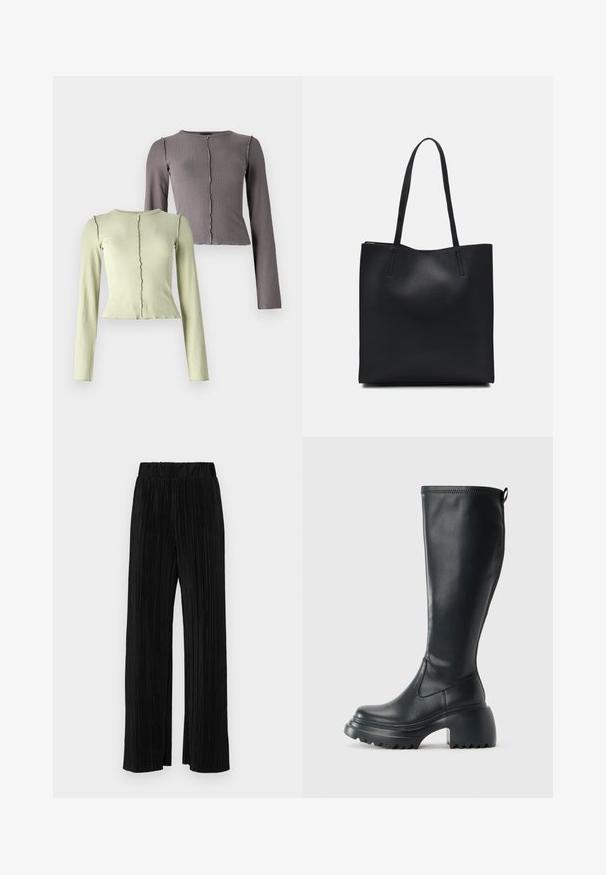 Set aus zwei Langarm-Ripp-Tops in Hellgrün und Dunkelgrau. Jedes hat einen runden Ausschnitt und ein dezentes wellenförmiges Saumdetail.; Schwarze plissierte Hose mit elastischem Bund. Verfügt über weite Hosenbeine und einen glatten, strukturierten Stoff mit vertikalen Streifen.; Hoher schwarzer Lederstiefel mit einer robusten Plateausohle und Blockabsatz, der über eine Zuglasche und ein strukturiertes Profil an der Außensohle verfügt.; Schwarze Laptoptasche aus Leder mit glatter Textur, rechteckiger Form und zwei langen Griffen. Keine sichtbaren Beschläge oder Verzierungen.