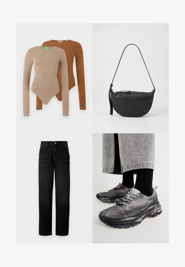 Two long-sleeve fitted bodysuits with round necks, one beige and one brown, displayed overlapping on a white background.; Black denim jeans with a straight-leg cut, five-pocket styling, a button closure, and subtle faded detailing on the thighs and knees.; Black and gray athletic shoes feature a mesh upper, thick soles, and laces. They have a rounded toe and visible cushioning detail.; Black leather shoulder bag with curved shape, single strap, zippered closure, and subtle stitch detailing along the body.