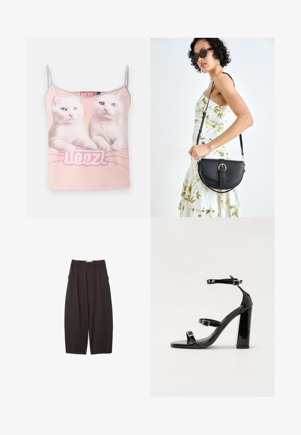 Růžový top na ramínka s dvěma bílými kočkami se modrýma očima a slovem "WOOZL" pod nimi vpředu.; Černé široké kalhoty vyrobené z hladkého materiálu, s vysokým pasem, předními sklady a bočními kapsami. Jednoduchý design bez ozdob.; Černé lakované sandály na podpatku se čtveratou špičkou, lýtkovými pásky a stříbrnými přezkami. Disponují masivním blokovým podpatkem pro stabilitu.; Černá kožená kabelka s křivkovým tvarem, odnímatelným popruhem a zlatými detaily. Kabelka má klopu s přezkou.