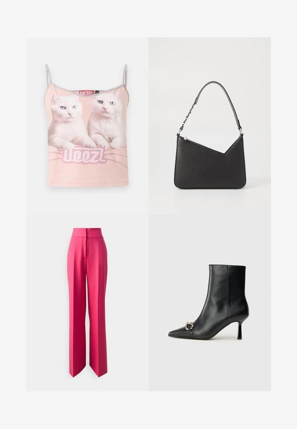 Rosa spaghetti-top med två vita katter som har blå ögon och ordet "WOOZL" under dem på framsidan.; Rosa vida byxor med hög midja, med skarpa veck, slät textur och en plan framsida. Inga synliga fickor eller detaljer i metall.; Svart läderankelboot med spetsig tå, smal medelhög klack och silverfärgad spänndetalj på sidan mot en enfärgad bakgrund.; Svart läderhandväska med triangulär form, en smal rem och silverfärgad hårdvara. Har dragkedjestängning och logotyp prägling på framsidan.