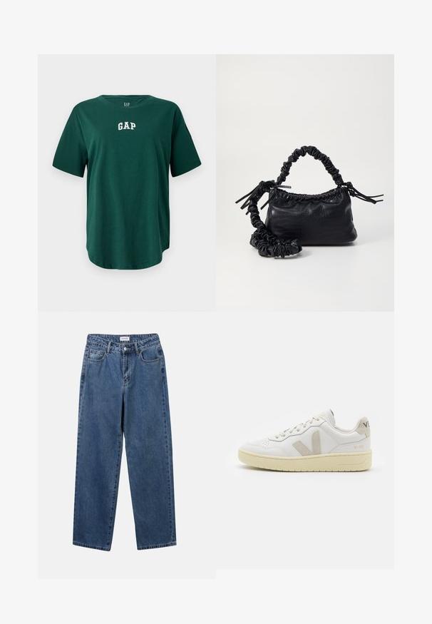 Green oversized t-shirt made of cotton, featuring a rounded neckline and short sleeves. White "GAP" logo embroidered on the chest.; Classic blue denim jeans with a straight-leg design, five pockets, and a button closure. Features a medium wash and sturdy texture.; White leather sneaker with beige suede accents, perforated toe box, flat laces, and a textured cream sole. Features subtle branding on heel.; Black faux leather handbag with a crocodile texture, cinched top, and a scrunched strap. Appears soft and compact in design.