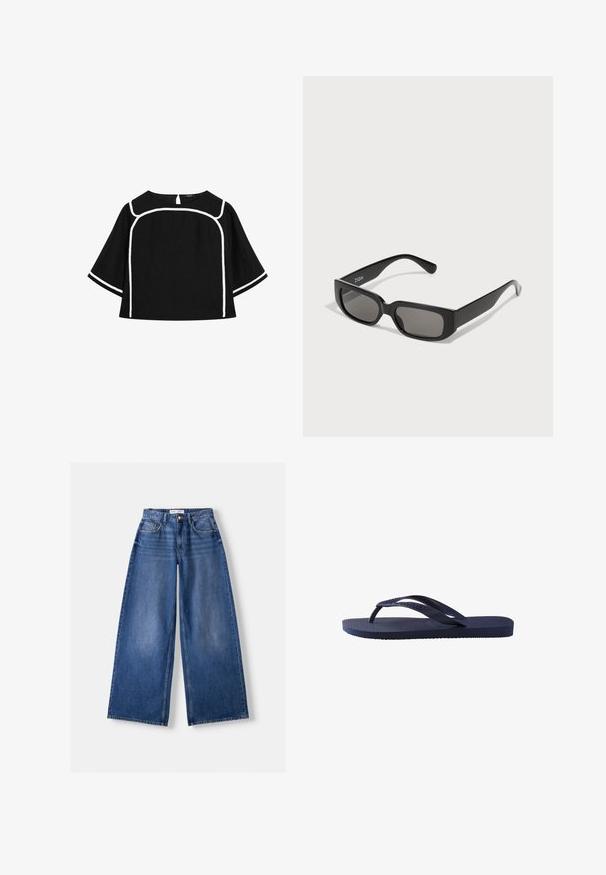 Blusa nera in lino con rifiniture bianche a contrasto, scollo rotondo e maniche corte e larghe. L'apertura a chiave sul retro aggiunge dettaglio.; Bershka WIDE-LEG - Wide Leg - dark blue; Infradito blu navy con cinturini e suola in gomma testurizzata, caratterizzati da un motivo ondulato sui cinturini e un plantare piatto e rigato.; Occhiali da sole rettangolari neri con lenti grigie, realizzati in plastica liscia. Presentano un design minimalista con steli dritti e un branding discreto.