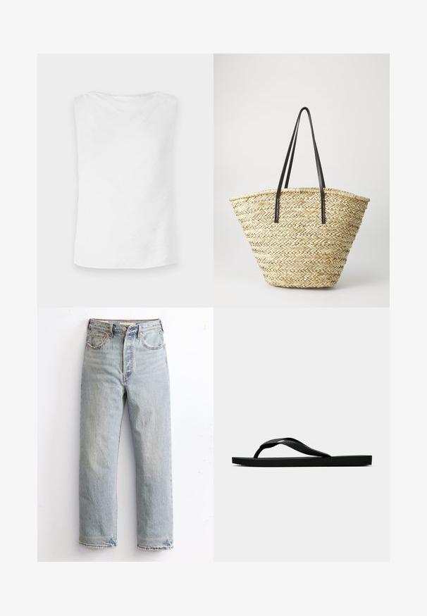 Top branco sem mangas com corte reto, tecido suave e decote arredondado. A barra é ligeiramente curva, proporcionando um ajuste descontraído.; Jeans de denim azul claro com um design de perna reta, apresentando uma bainha desgastada, remaches de cobre e um estilo clássico de cinco bolsos.; Chinelo de borracha preta com uma tira texturada e sola plana simples, mostrado de lado num fundo claro.; Bolsa de palha trançada com uma forma larga e afilada, apresentando duas alças em couro preto. Cor bege natural com uma superfície texturizada.