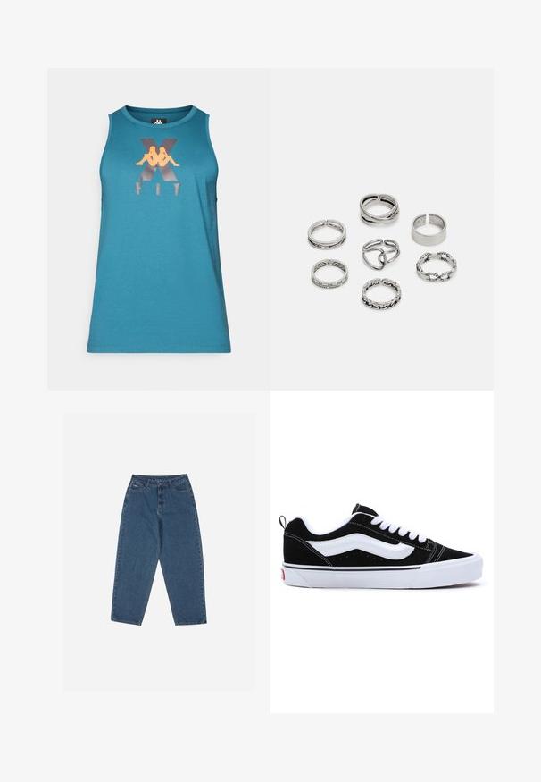 Türkiz ujjatlan tank top, sima textúrájú anyagból készült, narancssárga és ezüstszínű fémes grafikával ellátott logóval.; Kék farmernadrág, laza szabással, magas derékkal, öt zsebes kialakítással és varrási díszítésekkel. Gombos és cipzáros záródással rendelkezik.; Fekete velúr sportcipők fehér díszítéssel, alacsony szárú kialakítással, fűzős rögzítéssel és vastag fehér gumi talppal. Márkájának logója a sarokrészen.; Hét ezüst gyűrűből álló szett, különböző formákkal és szélességekkel, köztük csavart, összekapcsolt és gravírozott mintákkal.