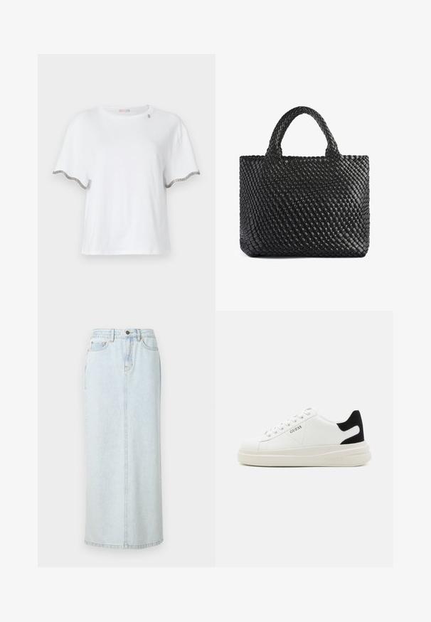 Valkoinen lyhythihainen T-paita, joka on valmistettu puuvillasta. Paitassa on aallotetut reunat, joissa on hopeakoristuksia hihoissa ja hienovarainen yksityiskohta lähellä kaula-aukkoa.; Vaaleansininen farkku-maksihame, jossa on suora muotoilu, edessä nappikiinnitys ja näkyvät rimpsut. Sisältää kaksi etutaskua.; Valkoiset nahkakengät paksulla valkoisella pohjalla, mustalla mokkanahkaosuudella kannassa ja kohokuvioitu logo sivulla. Nauhakeskitys kuudella reiällä.; Mustakudottu kassi kahdella kahvalla, jossa on tekstuuri pinta ja suorakulmainen muoto. Yksinkertainen, ainutlaatuinen muotoilu ilman näkyvää metalliosaa.