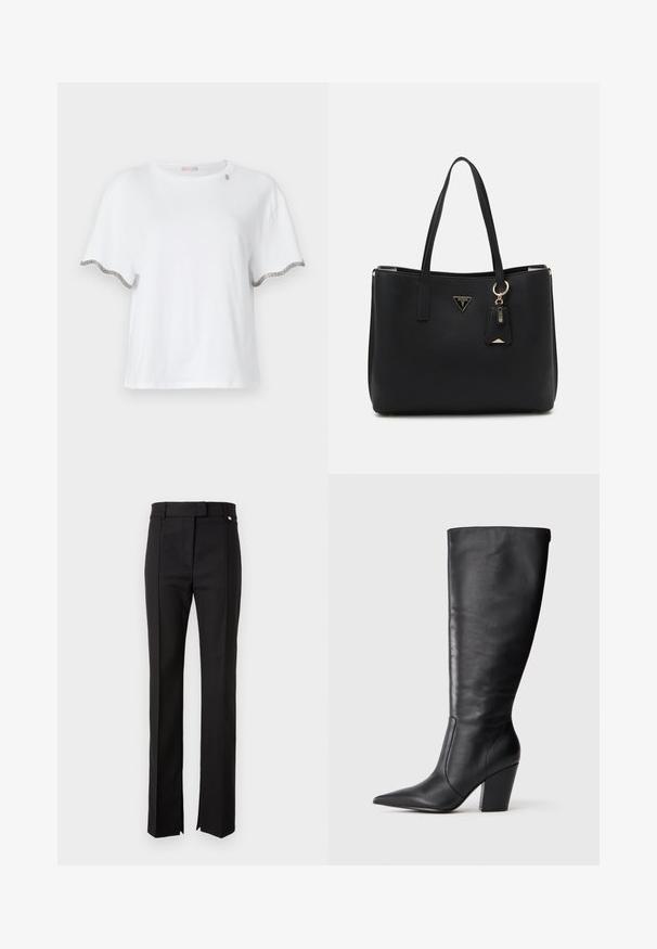 Weißes kurzärmliges T-Shirt aus Baumwolle, mit gewellten Kanten und silbernen Akzenten an den Ärmeln sowie einem dezenten Designelement am Halsausschnitt.; Schwarze maßgeschneiderte Hosen mit geradem Beinschnitt, ausgestattet mit einem Bund mit Knopfverschluss und seitlichen Schlitzen am Saum.; Schwarze kniehohe Lederstiefel mit spitzem Zehen und klobigem hohen Absatz, von der linken Seitenansicht auf weißem Hintergrund gezeigt.; Schwarze Tragetasche aus strukturiertem synthetischem Material, mit zwei Griffen, einem goldenen Logo-Schild und einem kleinen Anhänger mit Akzentdetail.