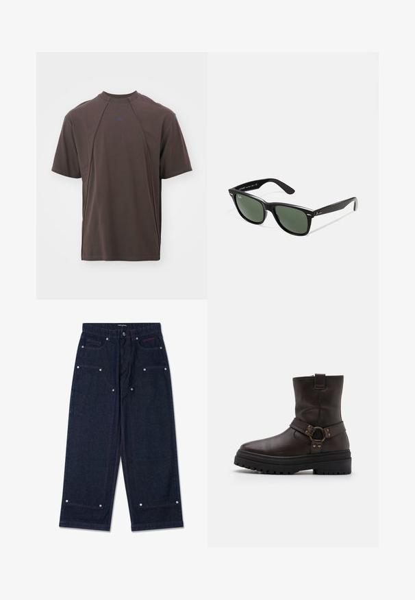 A-COLD-WALL* MILLBANK - T-shirt med print - brown; Mörka denim byxor med vida ben, två framfickor, detaljer i silver och kontrasterande röd sömnad. Har en knäppning och logotyp för varumärket.; Brun läderankelsk boot med fyrkantig tå, spänneaccent och tjock svart sula. Har en sidodragkedja och strukturerad yta.; Svarta plastsolglasögon med gröna linser, fyrkantiga bågar, silverdetalj på ögonbrynet och texturerade skalmar. Angiven märkning på den inre skalmen.