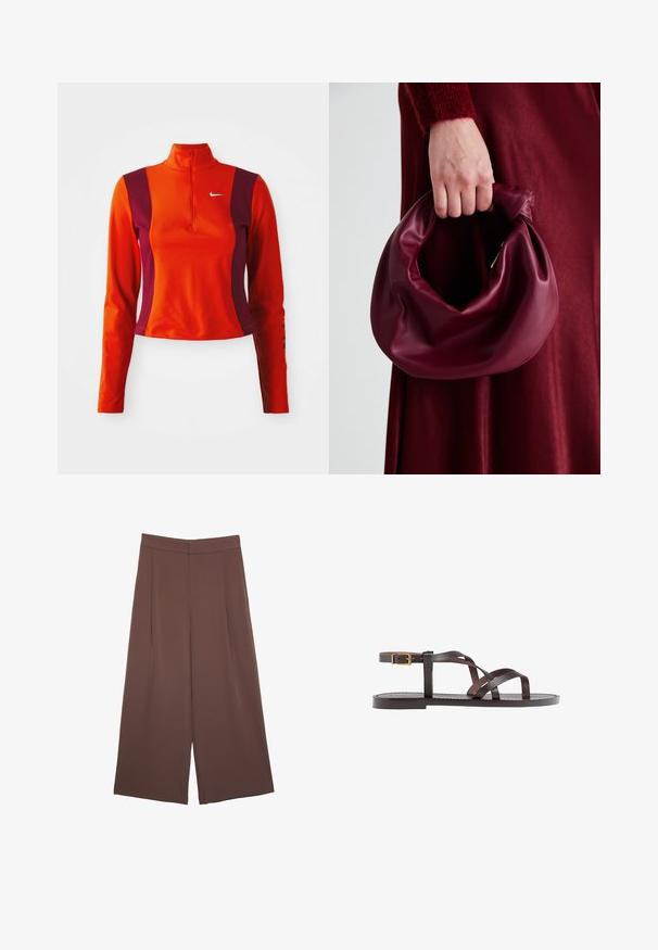 Červený a fialový top s dlouhým rukávem a čtvrtovým zipem, se značkou Nike na hrudi a úzkým střihem s hladkou texturou.; Hnědé široké kalhoty s hladkou texturou, vysokým pasem a předními záhyby. Materiál je lehký a volně splývá.; Hnědé kožené sandály s kříženými pásky, uzavřením na přezku u kotníku a plochou podrážkou s minimem švů.; Burgundská kožená kabelka s měkkým, nabíraným designem a zaobleným tvarem. Ucho je zajištěné a vykazuje hladkou texturu.