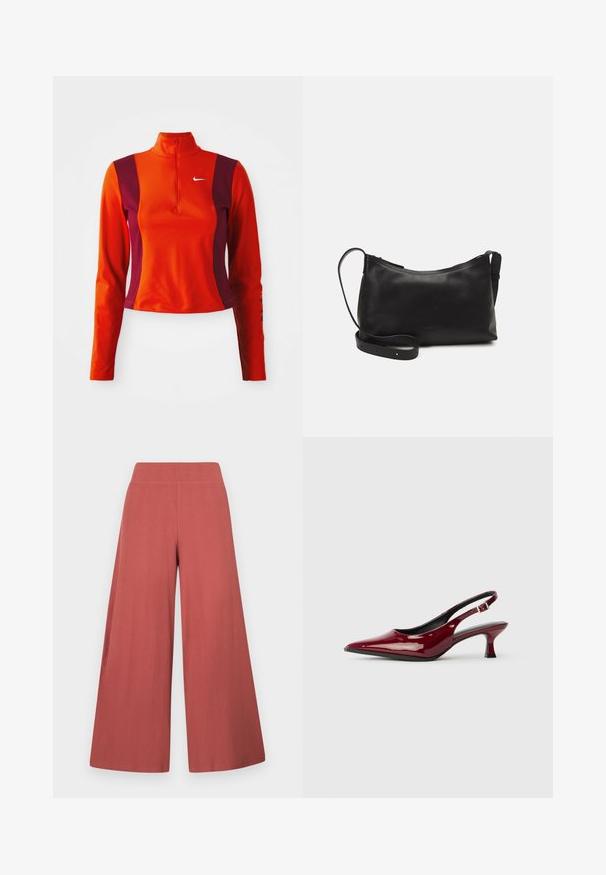 Top de manga longa vermelho e roxo com zíper de um quarto, apresentando o logotipo da Nike no peito e um design ajustado com uma textura suave.; Calças de perna larga em tom ferrugem, feitas em tecido texturizado com nervuras verticais. Possuem um cós alto e elástico.; Sapatos de salto slingback em couro patente bordô, com bico pontudo e um elegante salto stiletto. Design de costas abertas com detalhe de tira ajustável no tornozelo.; Bolsa de ombro em pele preta com textura suave, forma curva, alça ajustável e fecho com zip. Design minimalista sem adornos.