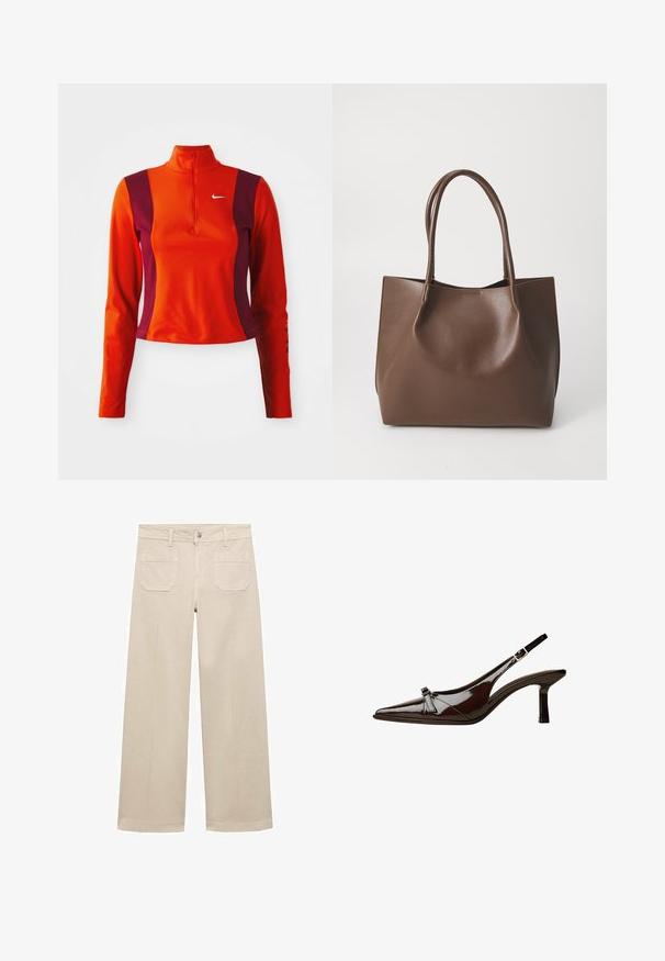 Rdeča in vijolična majica z dolgimi rokavi in četrtim zadrgo, z logotipom Nike na prsih in prilegajočo se zasnovo s gladko teksturo.; Bež široke hlače iz bombaža. Imajo zadrgo, sprednji gumb in dva našita žepa na hrbtu. Čista rob brez okrasnih elementov.; Rjave lakirane slingback čevlje z oglatim nosom, nizko peto in dekorativno pentljo na sprednji strani. Gladka, sijoča tekstura.; Rjava usnjena torba z dvema dolgima ročajema, strukturirane oblike, gladke teksture in minimalisticnega dizajna. Ni vidne strojne opreme ali dodatkov.